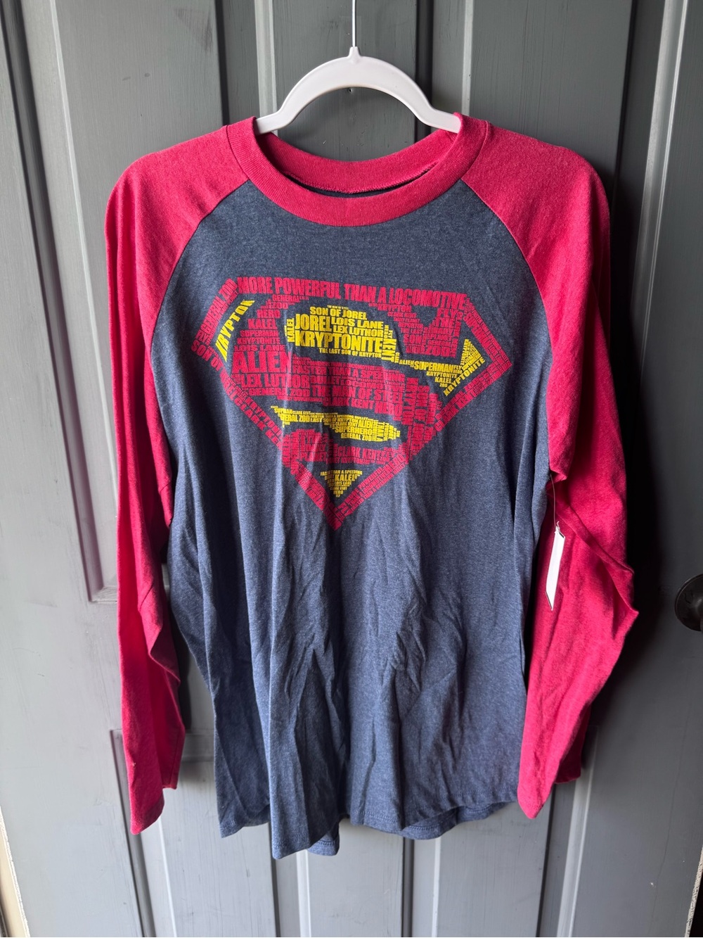 DC Comics Men’s Long Sleeve Raglan Tee - Navy & Red with Yellow Logo